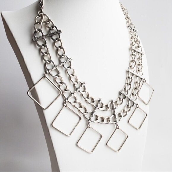 Asymmetrical Chunky Silver Tone Necklace Modernist Brutalist Abstract Geometric - Picture 3 of 6